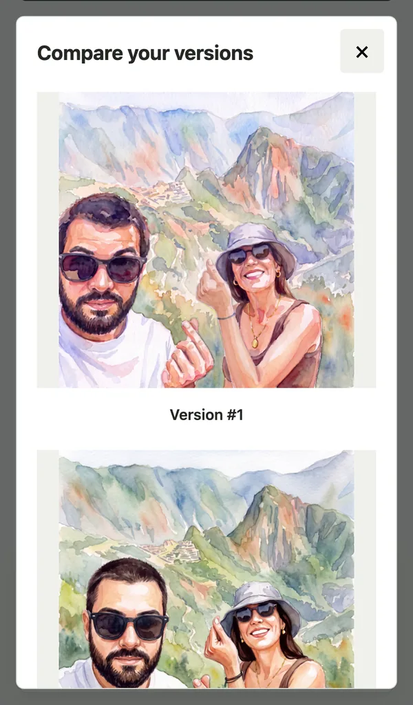 The Compare your versions view on a phone, with two watercolor versions of the couple's selfie, one above the other