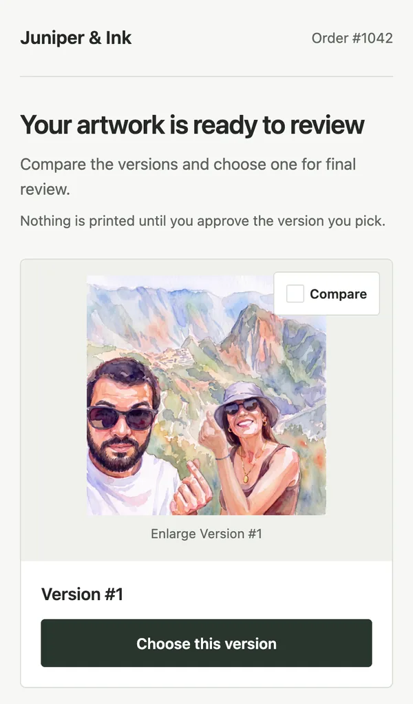 The review page on a phone for a demo store, headed Your artwork is ready to review, with a watercolor version and a Choose this version button