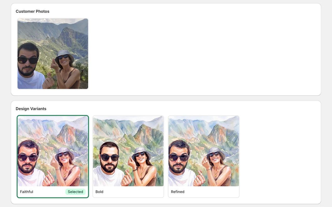 The order page in the Shopify admin, the customer's photo above the Design Variants, with the watercolor version they picked marked Selected