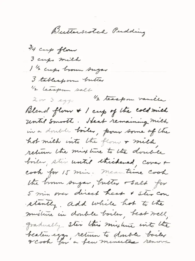 A handwritten butterscotch pudding recipe page in charcoal