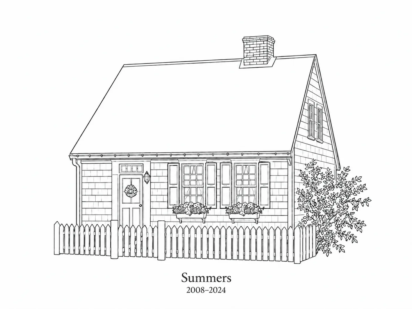 Architectural Ink style artwork of a shingled Cape Cod cottage