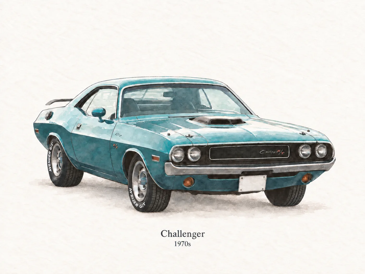 Soft Watercolor artwork of a teal classic Challenger