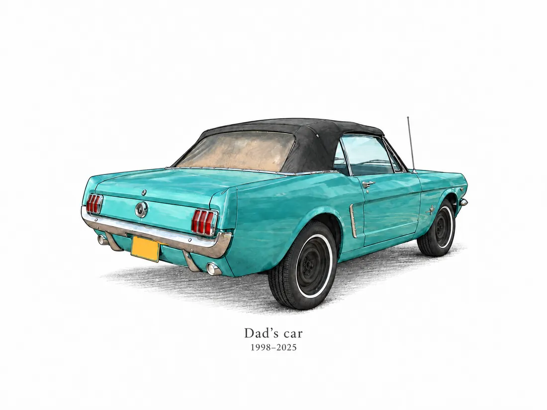 Editorial Ink style artwork of a teal Mustang convertible, seen from the back