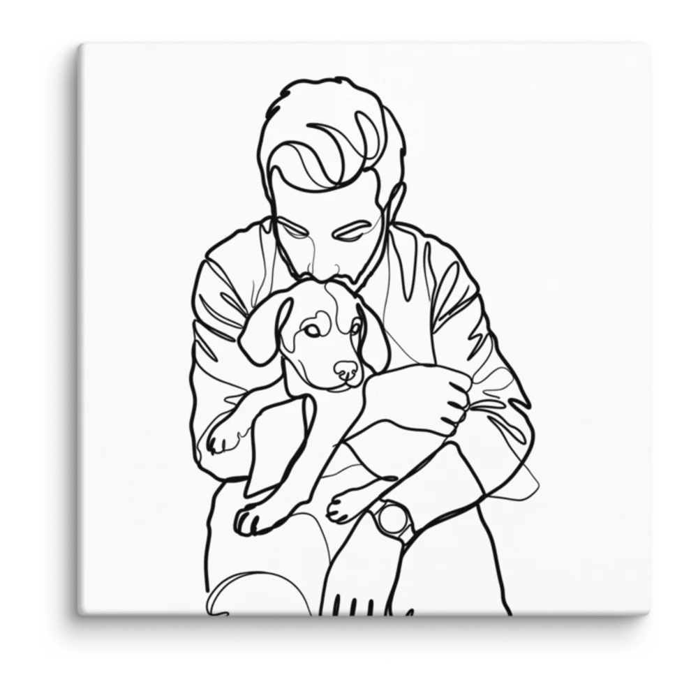 Continuous Line Art artwork of a man holding his new puppy, shown on a gallery canvas