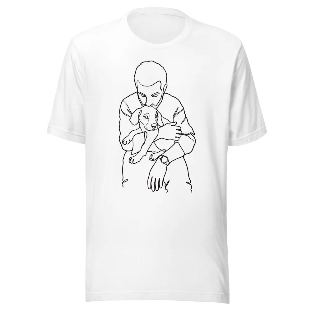 Continuous Line Art artwork of a man holding his new puppy, shown on a t-shirt