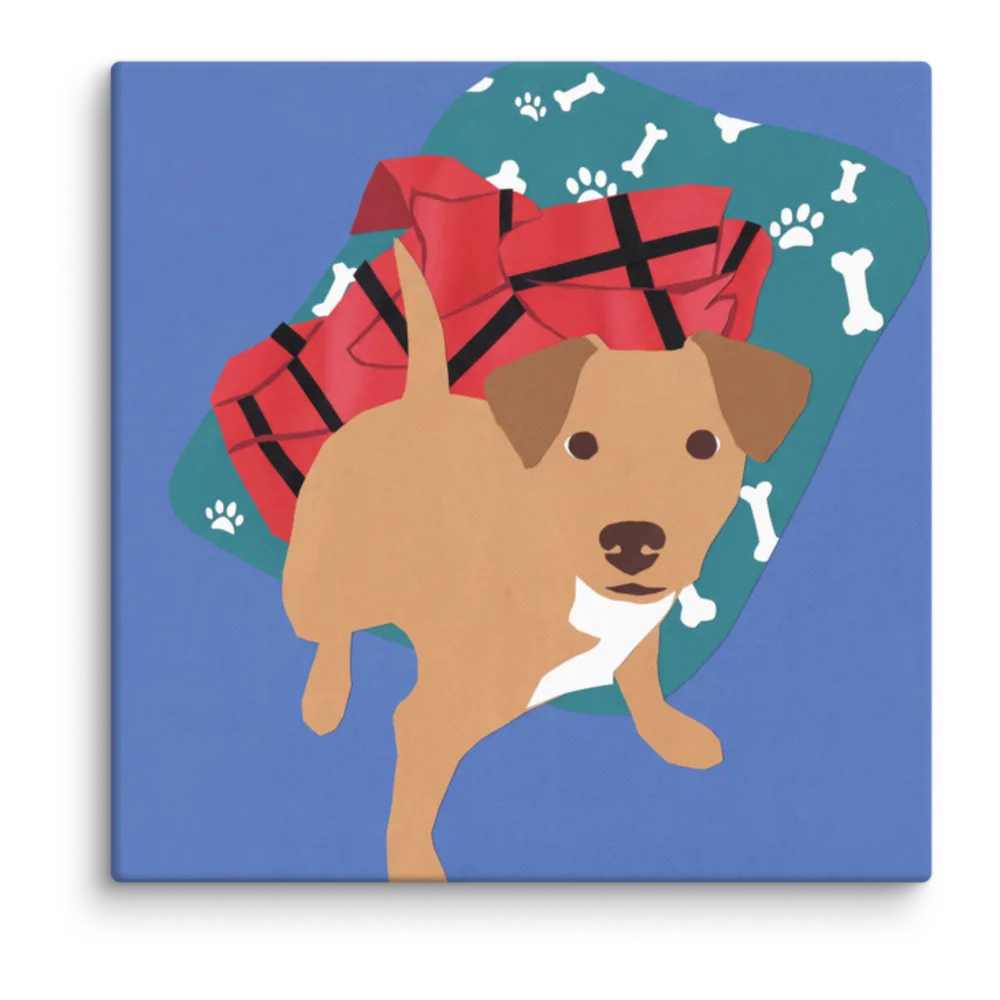 Matisse Cutout artwork of a dog sitting on its bed, shown on a gallery canvas