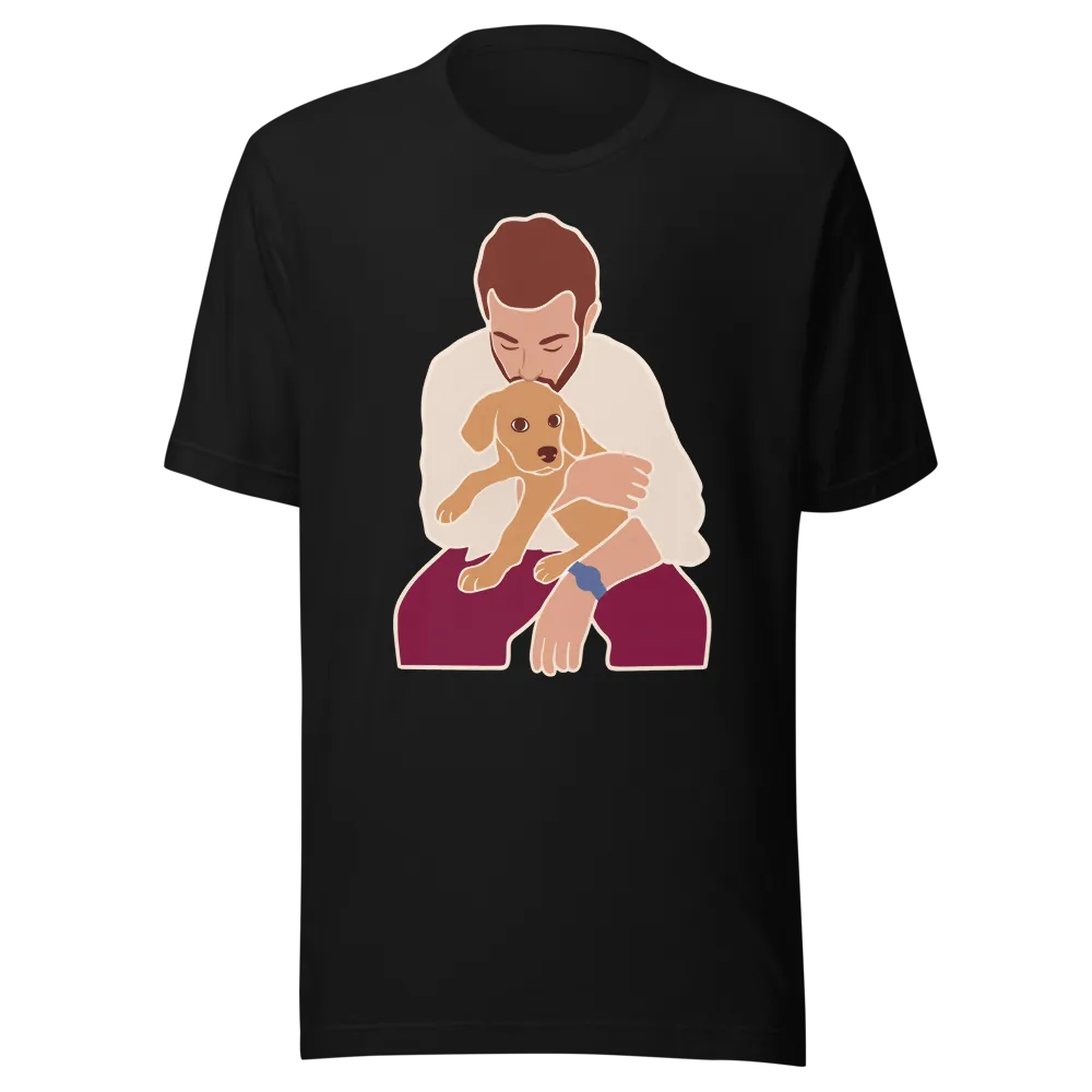 Matisse Cutout artwork of a man holding his new puppy, shown on a t-shirt