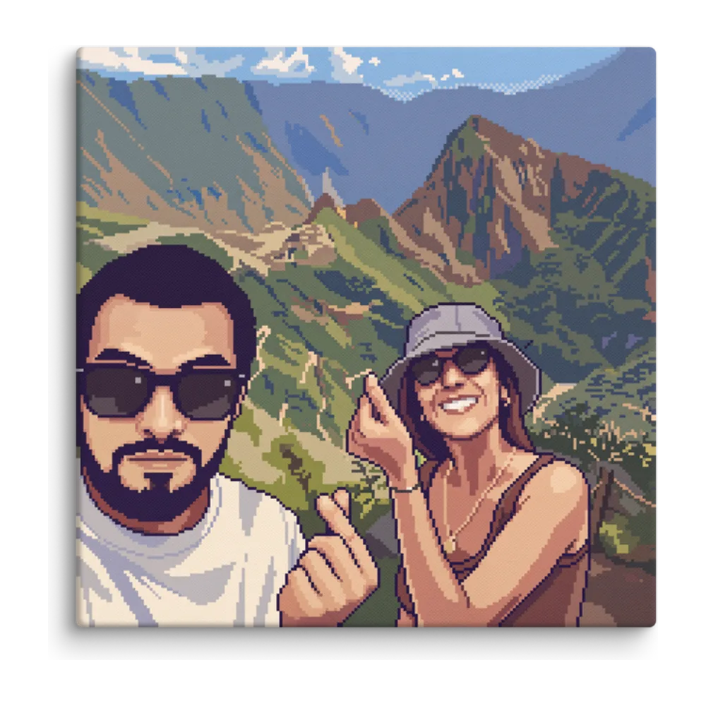 Pixel Art artwork of a couple's holiday selfie at Machu Picchu, shown on a gallery canvas