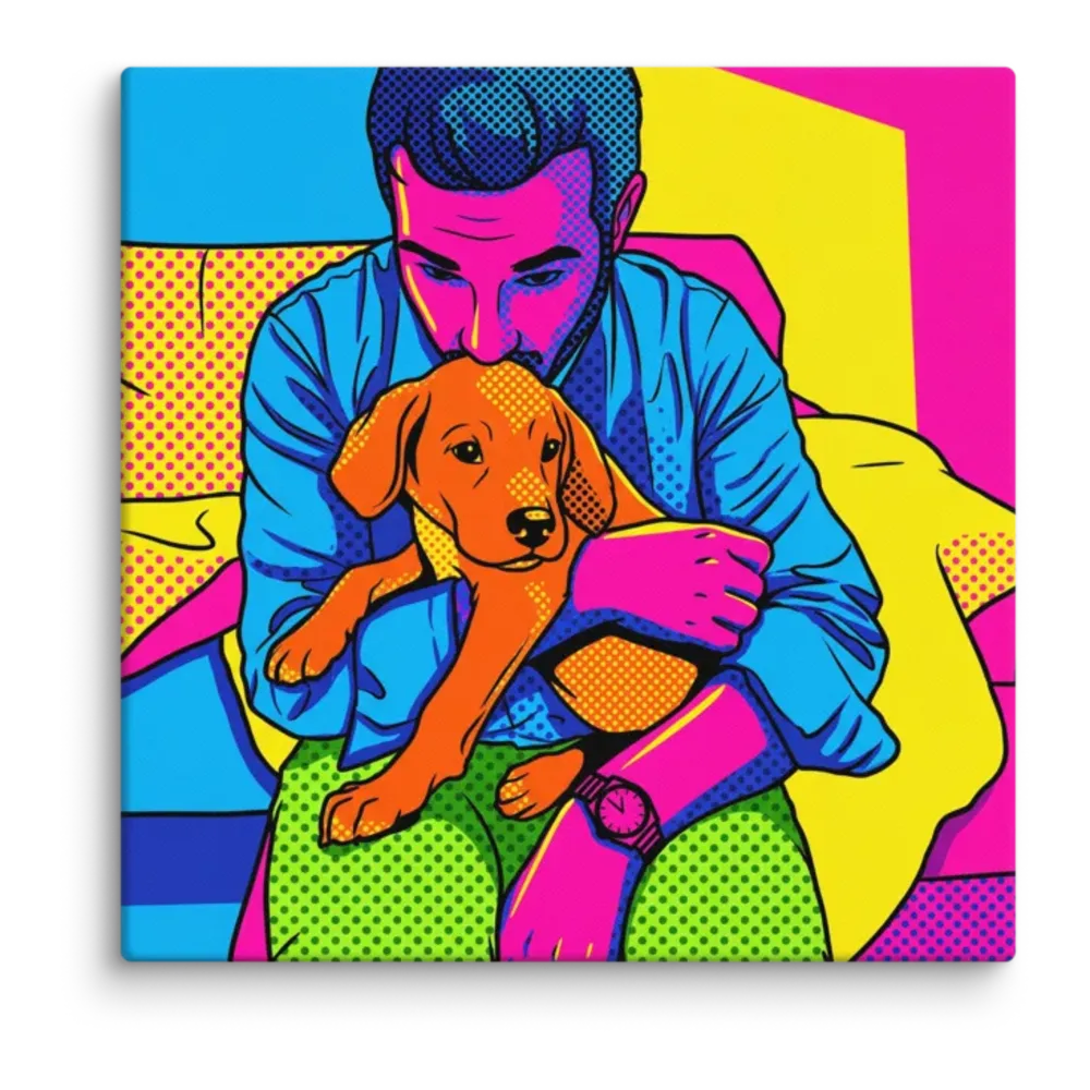 Pop Art artwork of a man holding his new puppy, shown on a gallery canvas