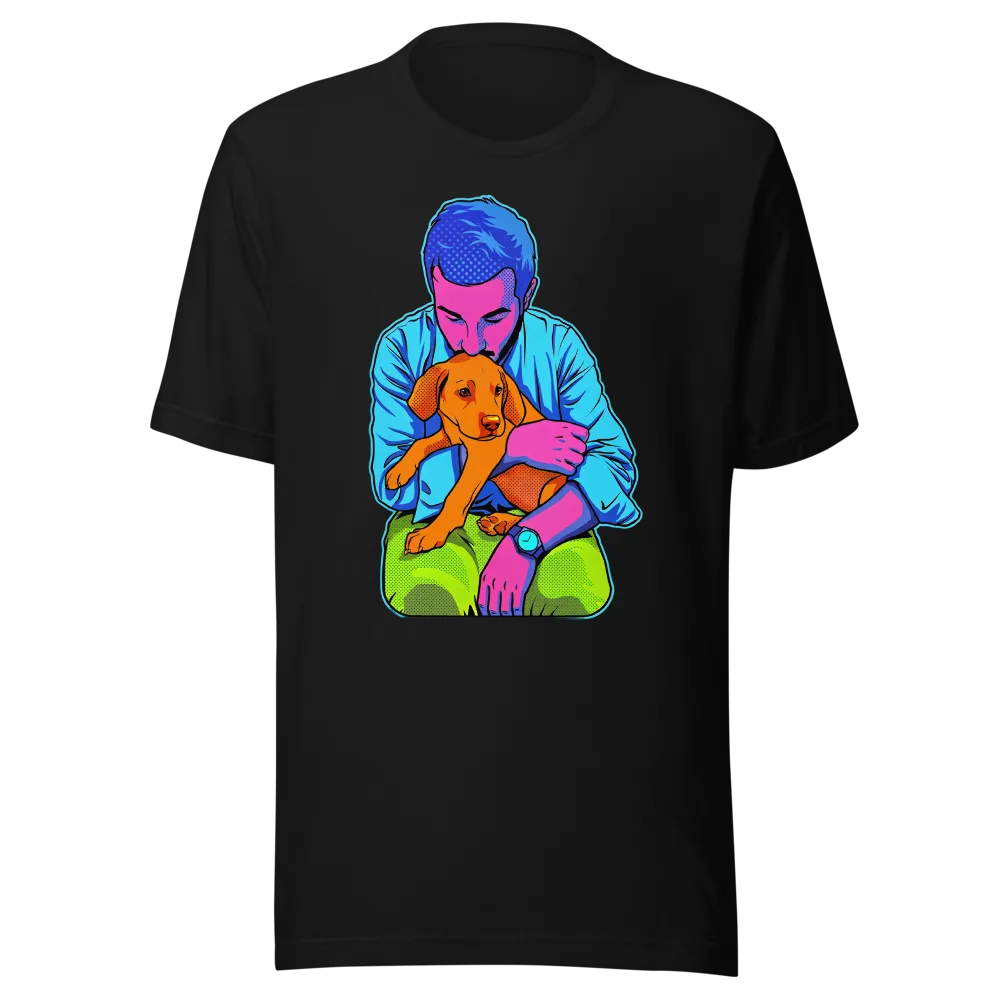 Pop Art artwork of a man holding his new puppy, shown on a t-shirt