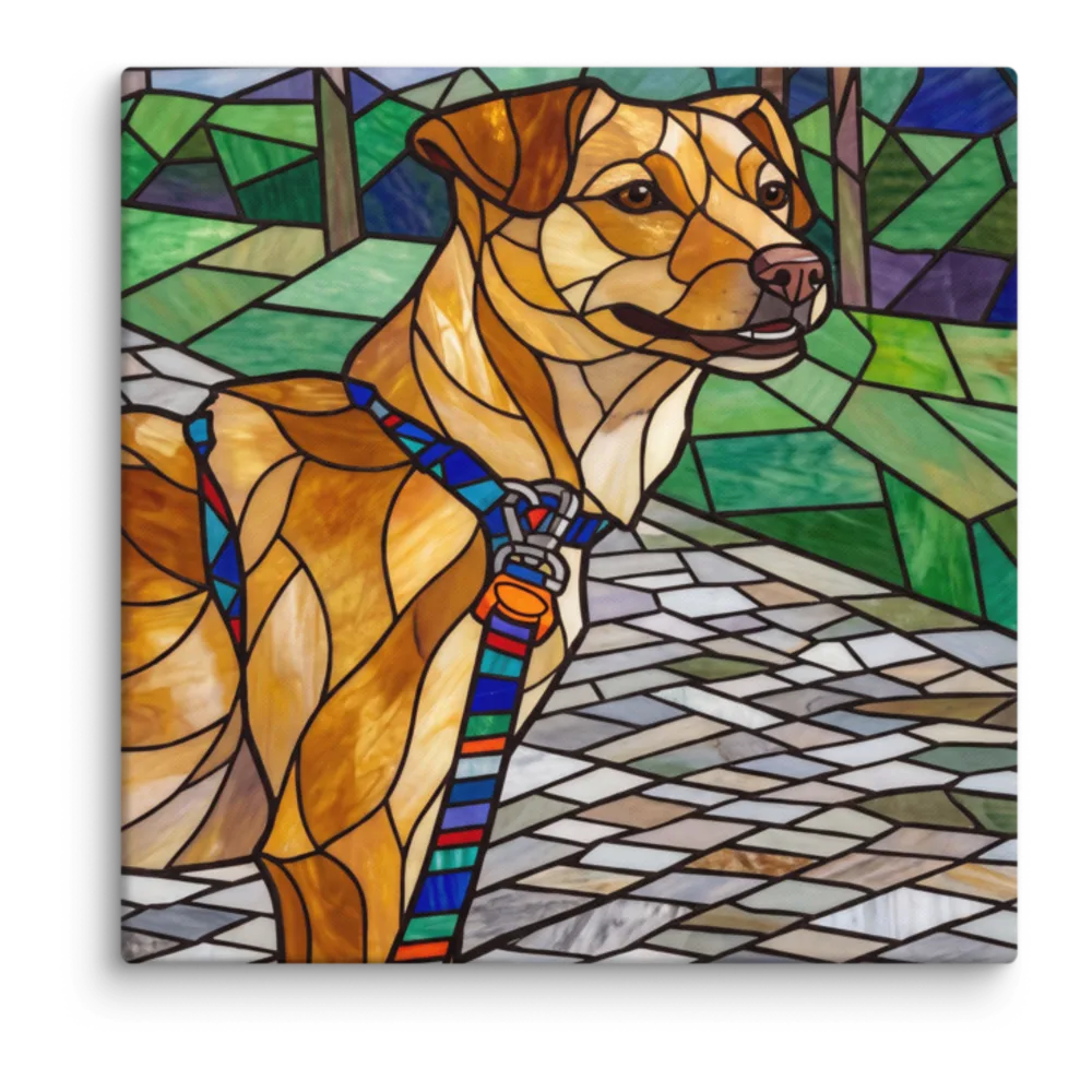 Stained Glass artwork of a dog out on a walk, shown on a gallery canvas