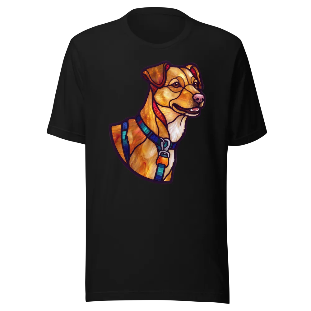 Stained Glass artwork of a dog out on a walk, shown on a t-shirt
