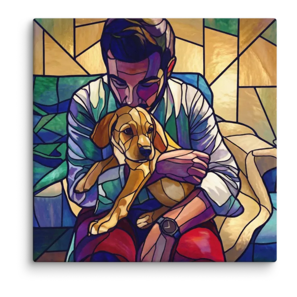 Stained Glass artwork of a man holding his new puppy, shown on a gallery canvas