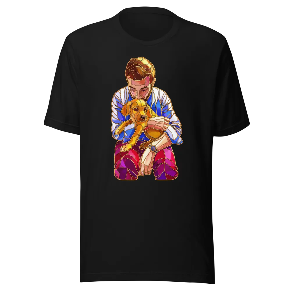 Stained Glass artwork of a man holding his new puppy, shown on a t-shirt