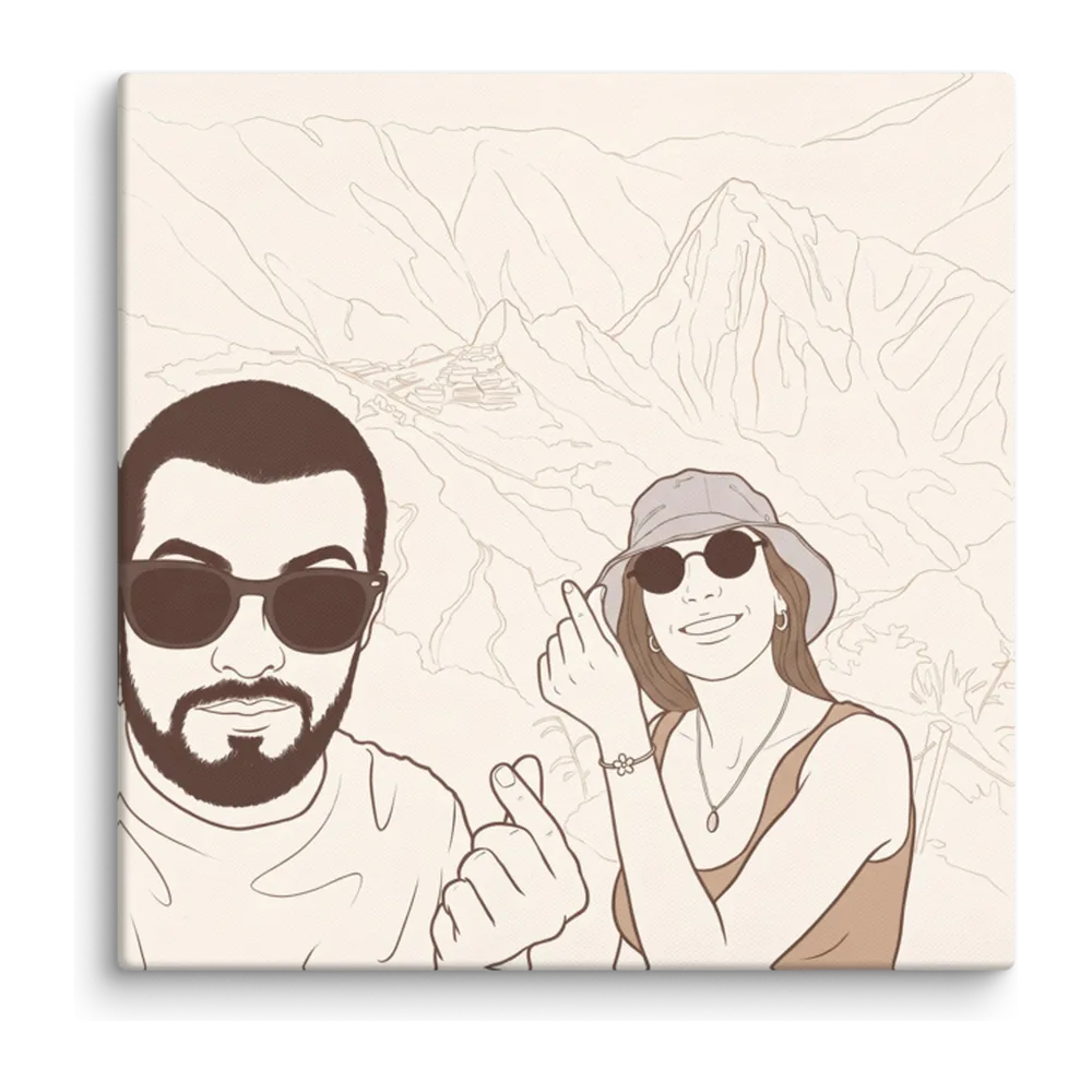 Warm Line Art artwork of a couple's holiday selfie at Machu Picchu, shown on a gallery canvas