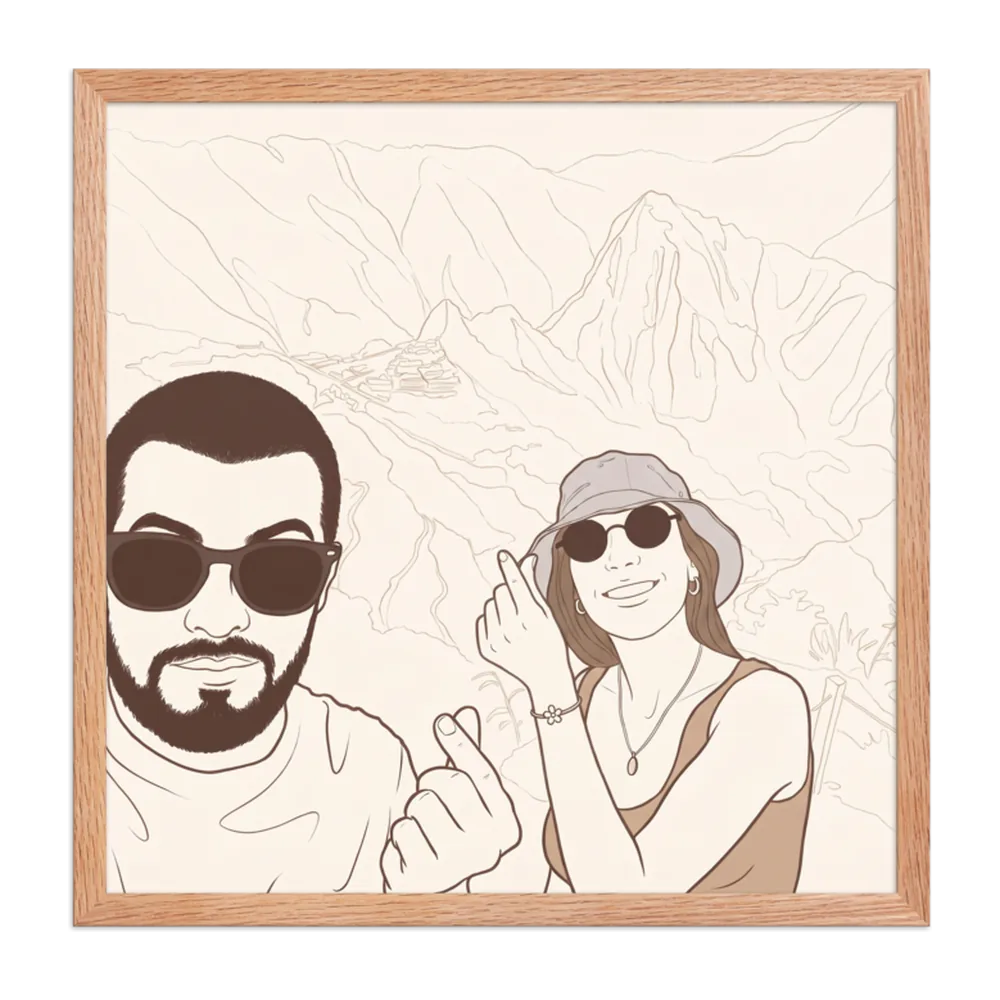 Warm Line Art artwork of a couple's holiday selfie at Machu Picchu, shown on a framed poster