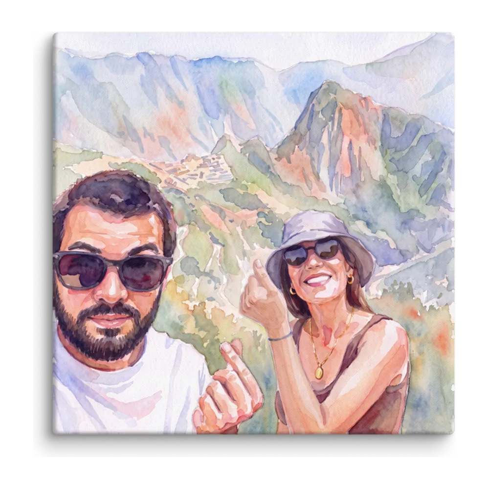 Watercolor artwork of a couple's holiday selfie at Machu Picchu, shown on a gallery canvas