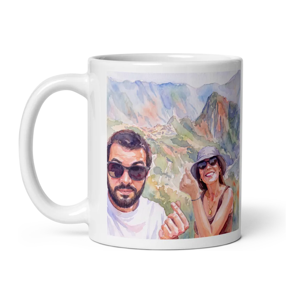 Watercolor artwork of a couple's holiday selfie at Machu Picchu, shown on a mug