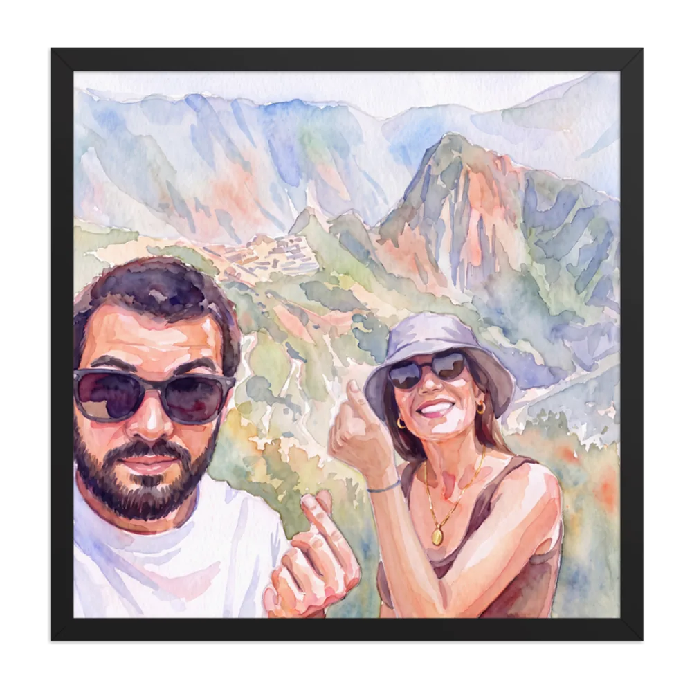 Watercolor artwork of a couple's holiday selfie at Machu Picchu, shown on a framed poster