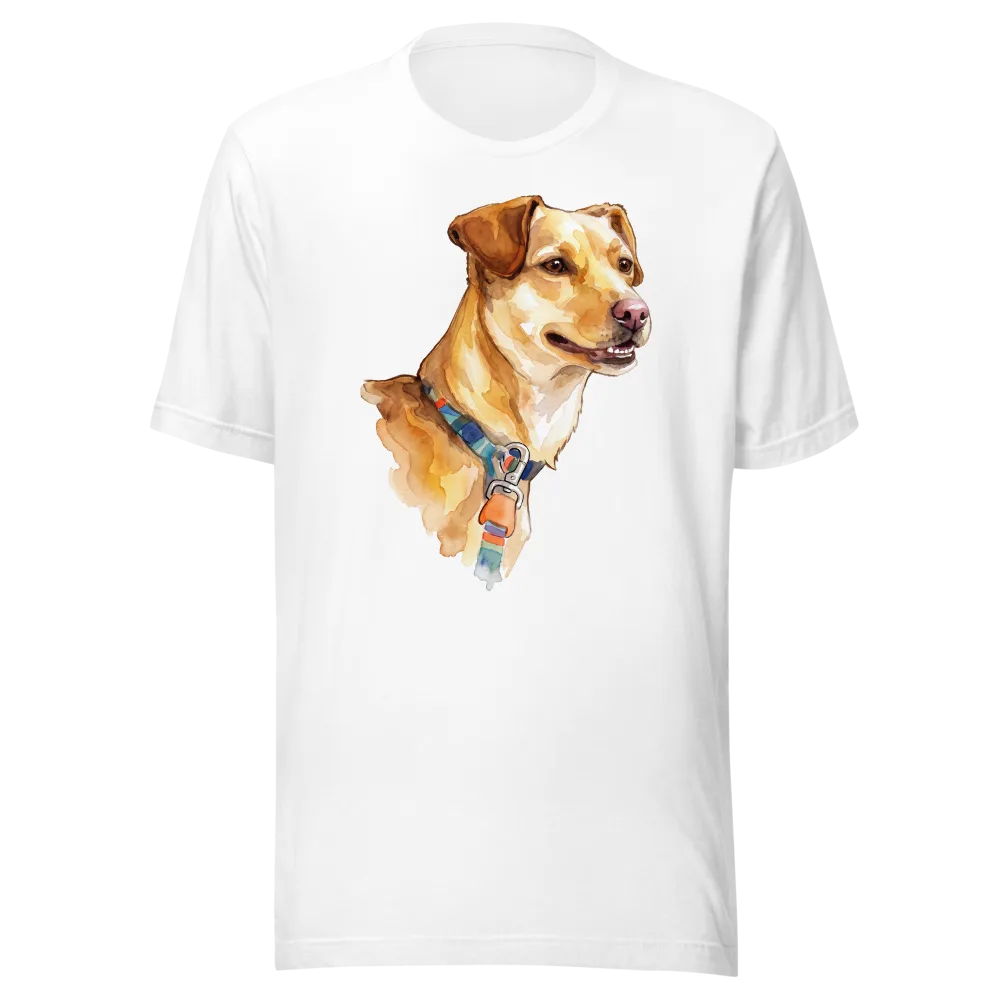 Watercolor artwork of a dog out on a walk, shown on a t-shirt