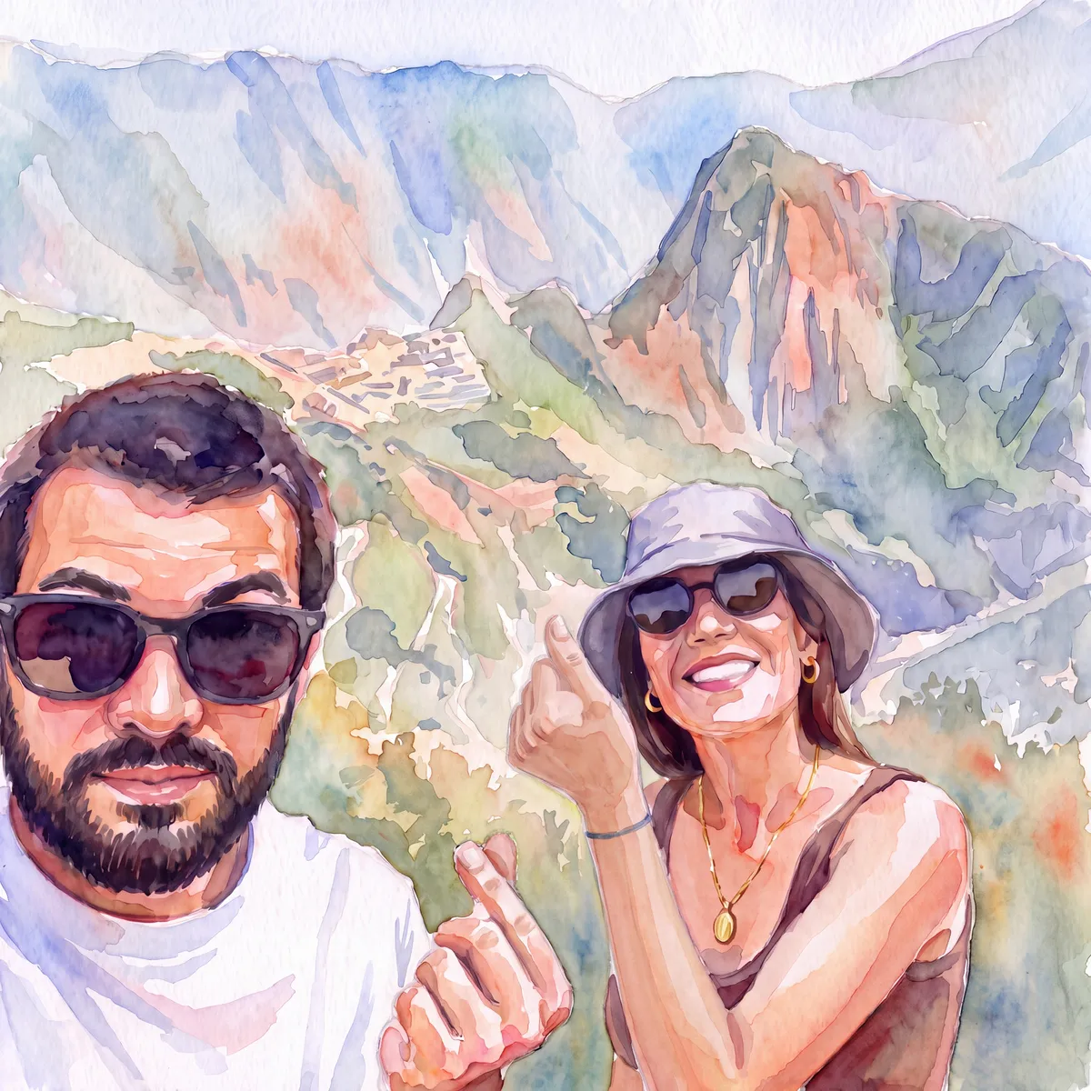 Watercolor version of the same selfie, the mountains in soft washes behind them