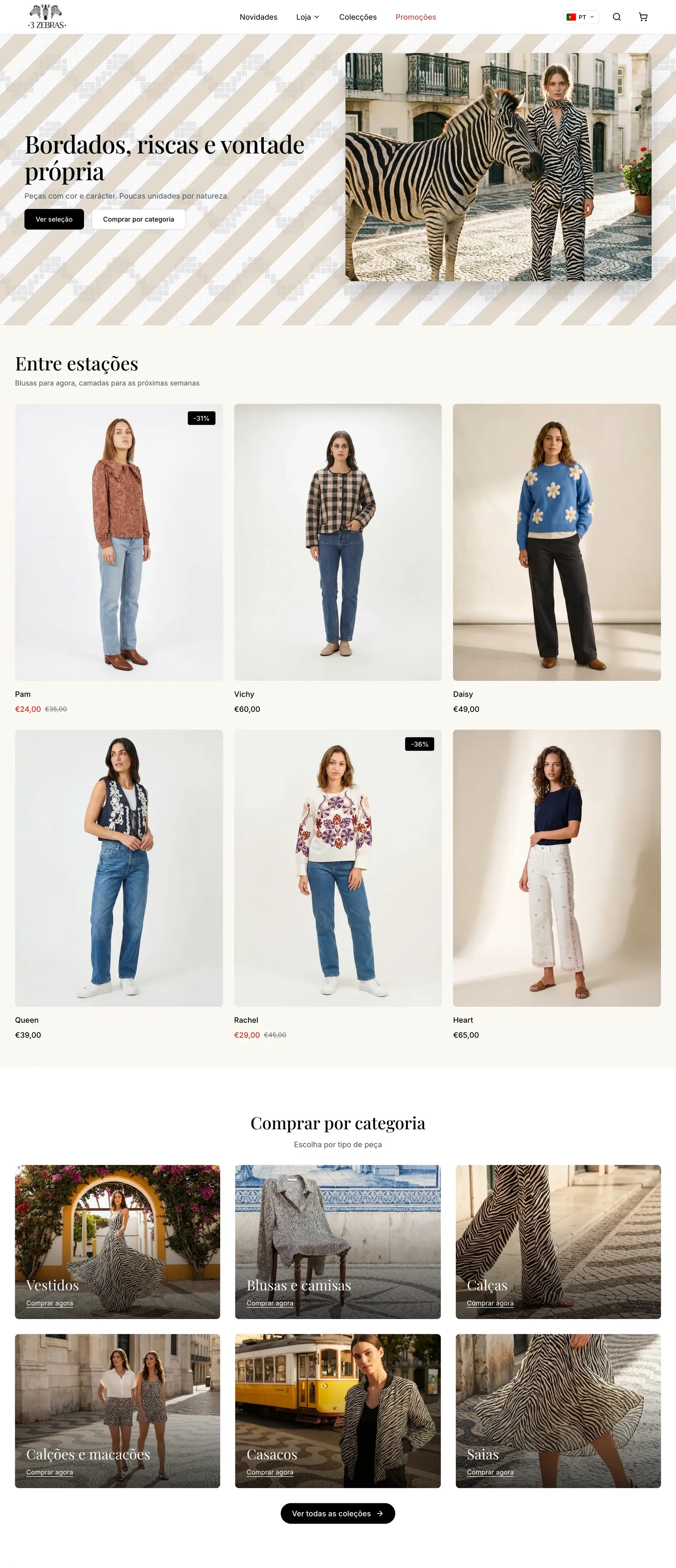 The 3zebras home page, from the zebra hero through new arrivals to the category grid