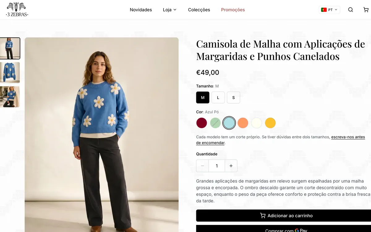 The product page for the blue daisy knit sweater, with its sizes, colors and add to cart button