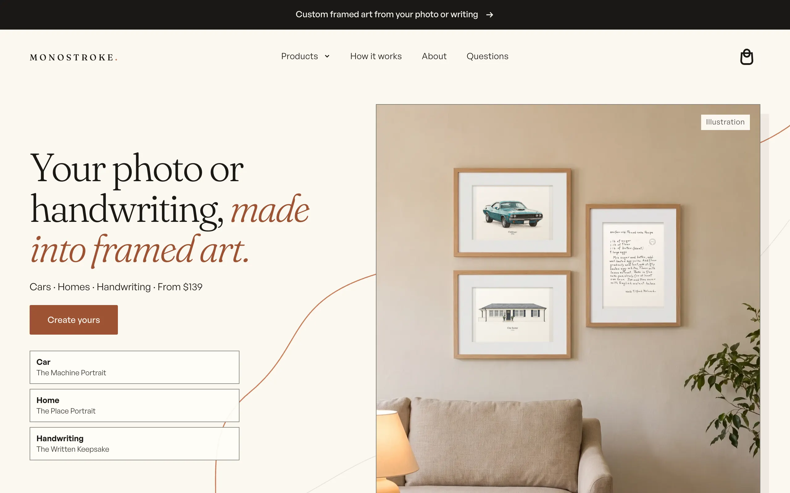 The Monostroke home page, headed Your photo or handwriting, made into framed art, beside framed prints of a car, a house and a handwritten recipe