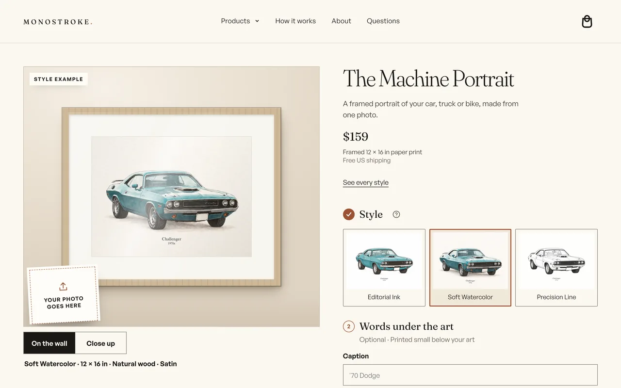 The Machine Portrait page, a teal Challenger in a natural wood frame, with Editorial Ink, Soft Watercolor and Precision Line to choose from