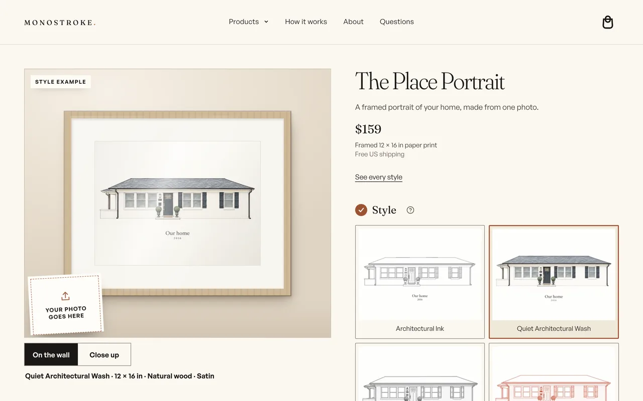 The Place Portrait page, a single-story home in Quiet Architectural Wash in a natural wood frame, with that style picked beside Architectural Ink