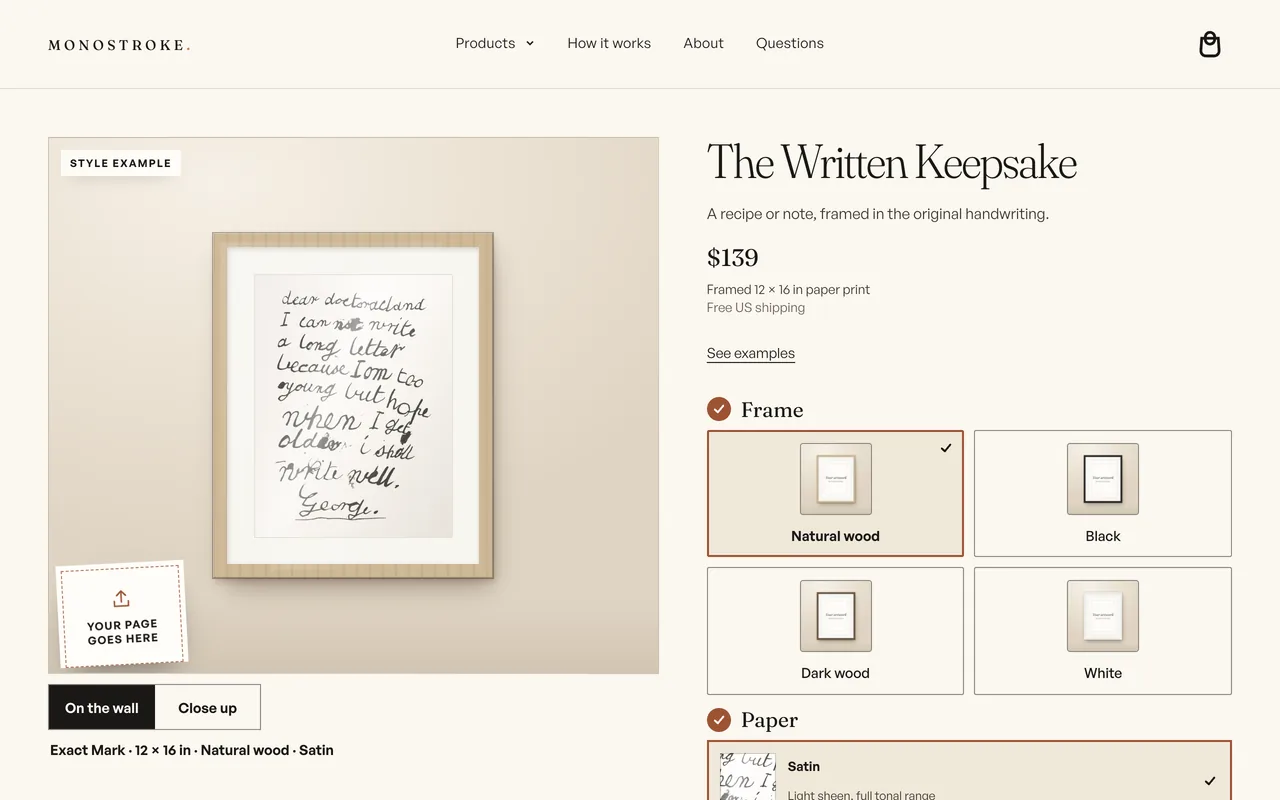 The Written Keepsake page, a child's handwritten letter signed George in a natural wood frame, with four frame finishes to choose from