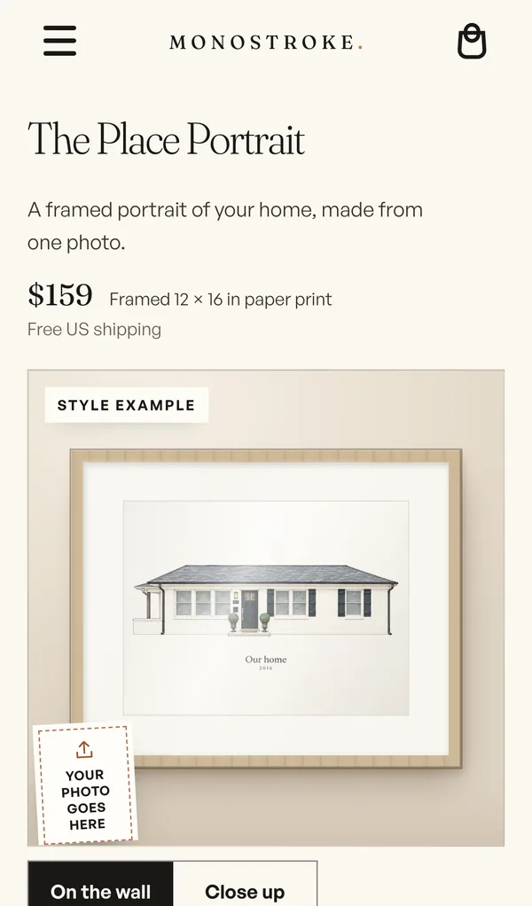 The Place Portrait page on a phone, the home in Quiet Architectural Wash in a natural wood frame